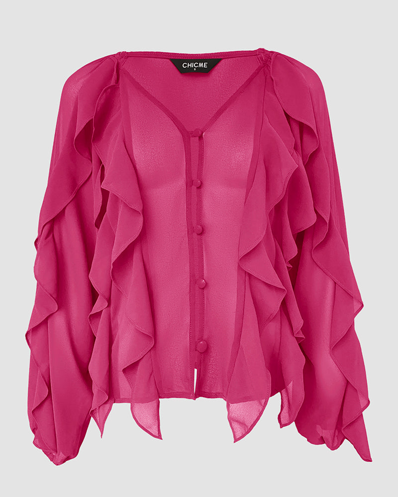 V Neck Shoulder Ruffles Design Blouse Casual Button Front Long Sleeve Top