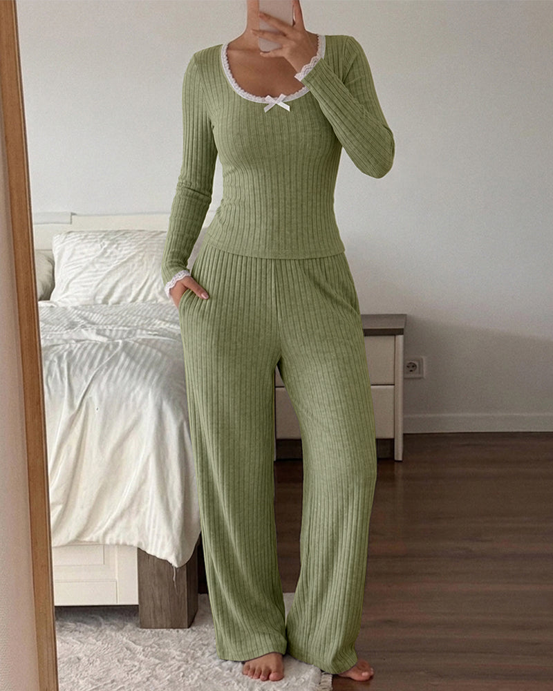 Damen 2-teiliges geripptes Lounge-Set, Langarm-Oberteil mit Spitzenbesatz und Hose mit hoher Taille, Schlafanzug-Set mit Taschen
