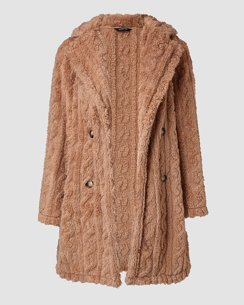 Cable Textured Lapel Neck Button Front Pocket Design Thermal Teddy Coat