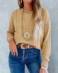 Women's Ribbed Knit Long Sleeve Top Casual Seam Crewneck Pullover