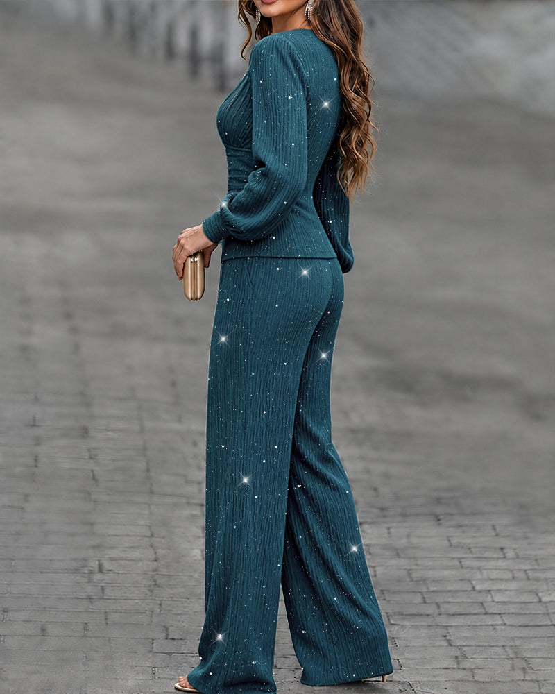 Women's 2 Piece Glitter Set Deep V Neck Lantern Sleeve Ruched Top and Wide Leg Pants with Pockets