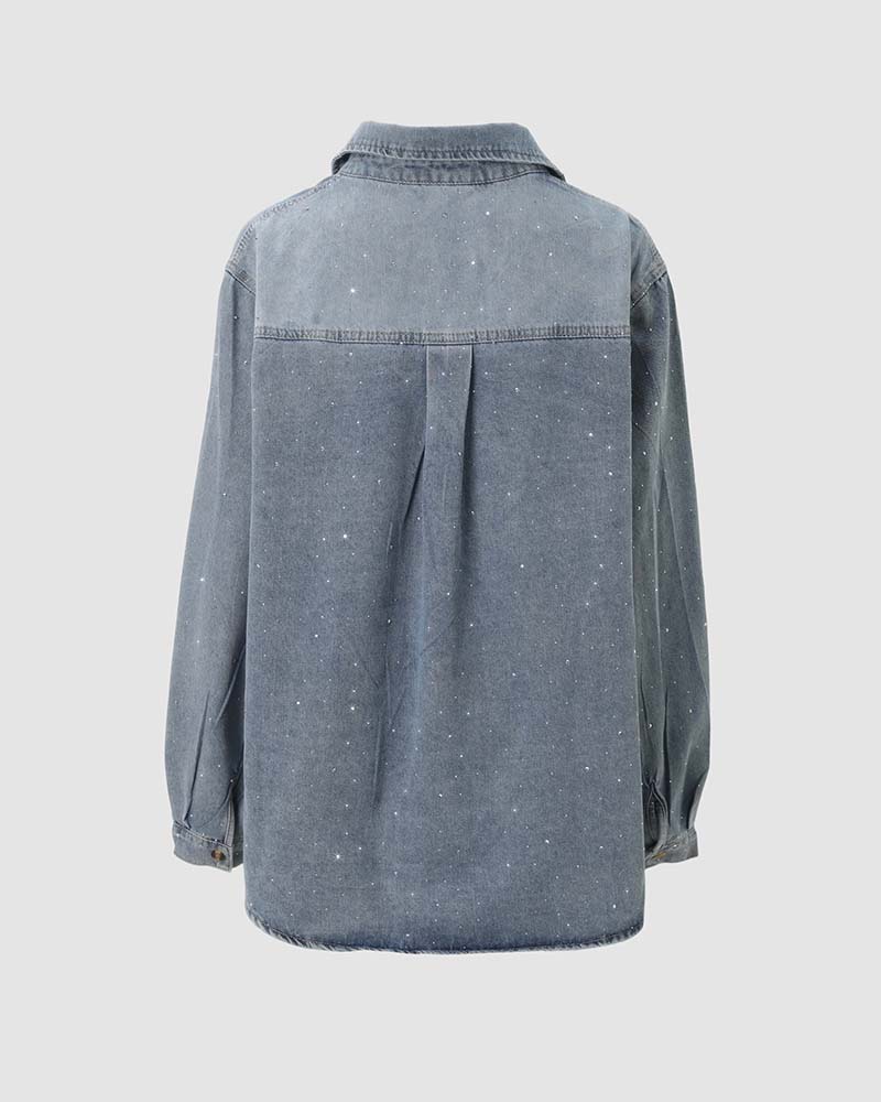 Damen-Jeansjacke mit Strasssteinen, verwaschene Oversized-Hemdjacke mit Knopfleiste, glitzernde, locker geschnittene Freizeitjacke mit langen Ärmeln