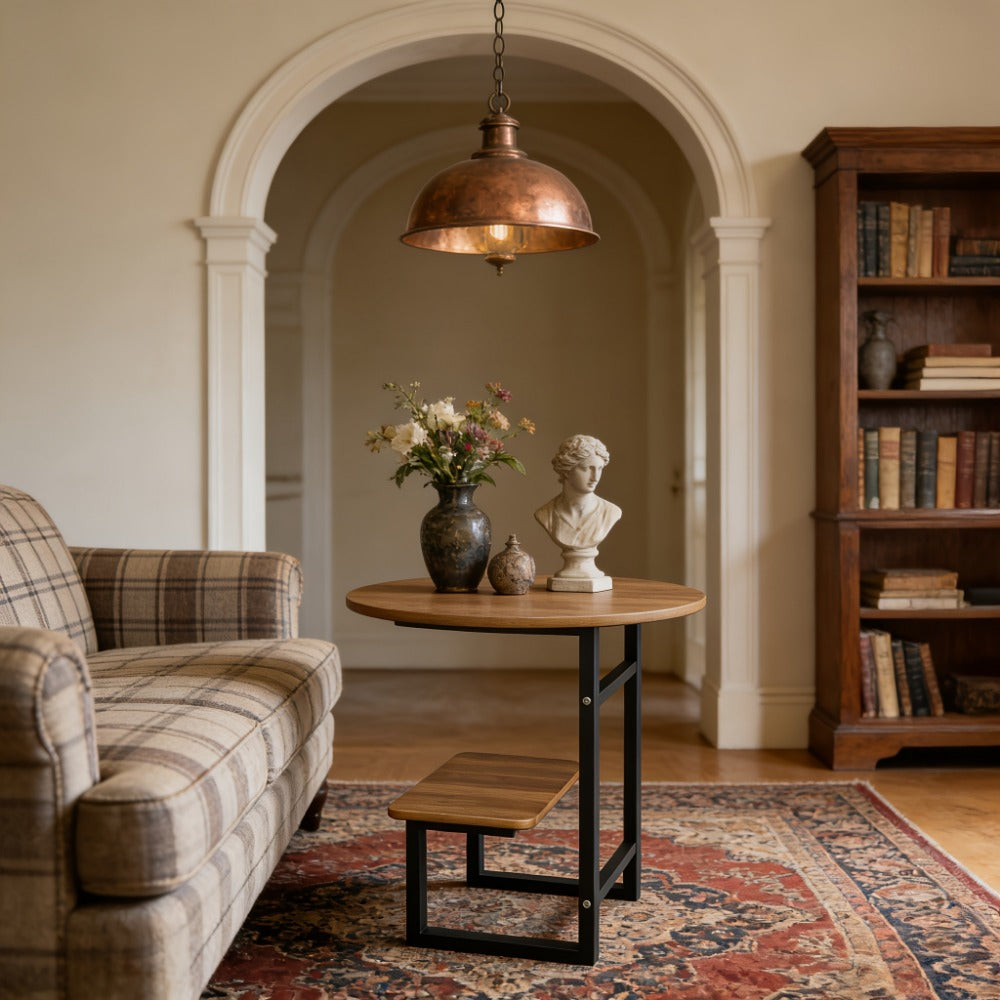 Side Table Metal Frame with One- or Two-Layer Options in Marble, Oak and Wood-Grain Finishes