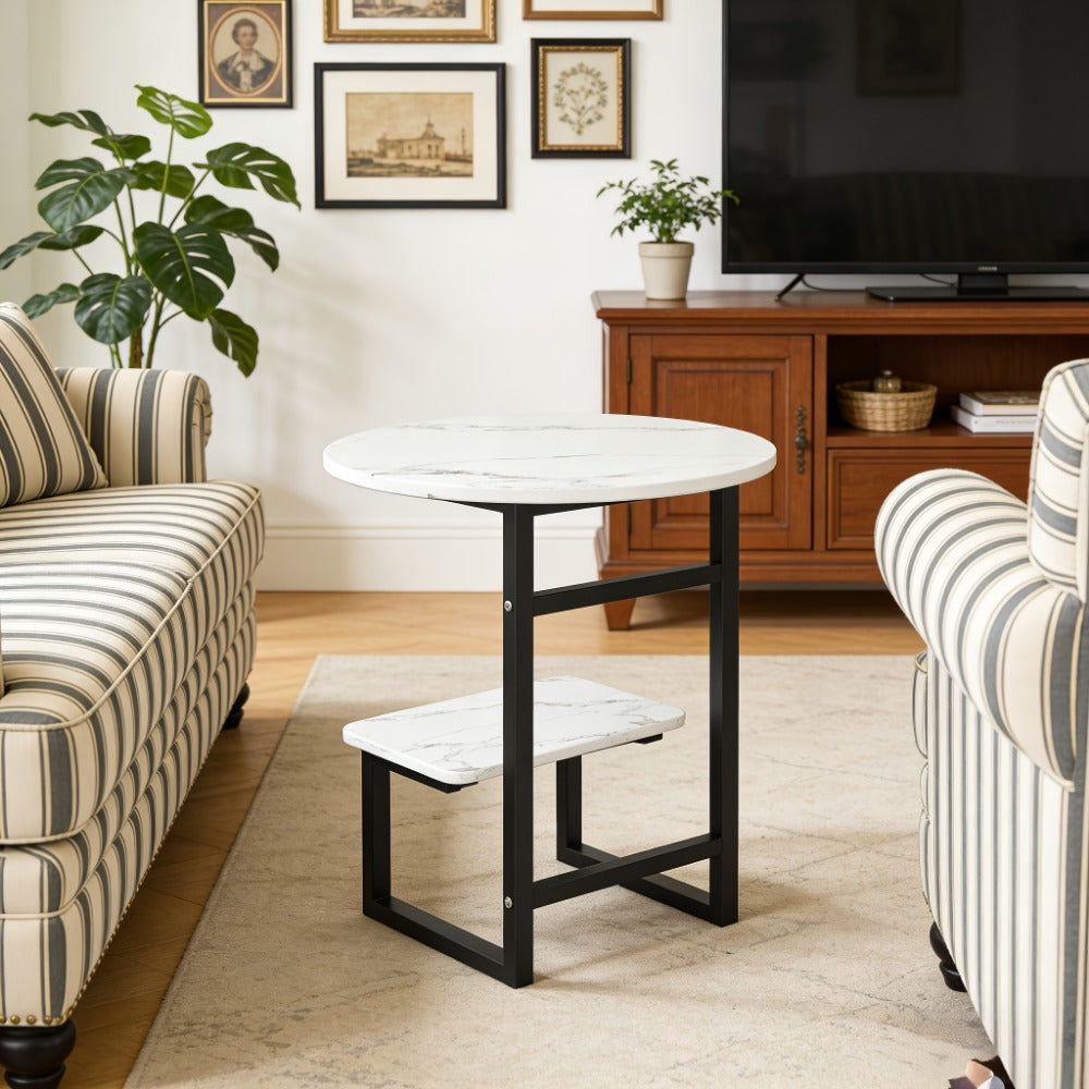 Side Table Metal Frame with One- or Two-Layer Options in Marble, Oak and Wood-Grain Finishes