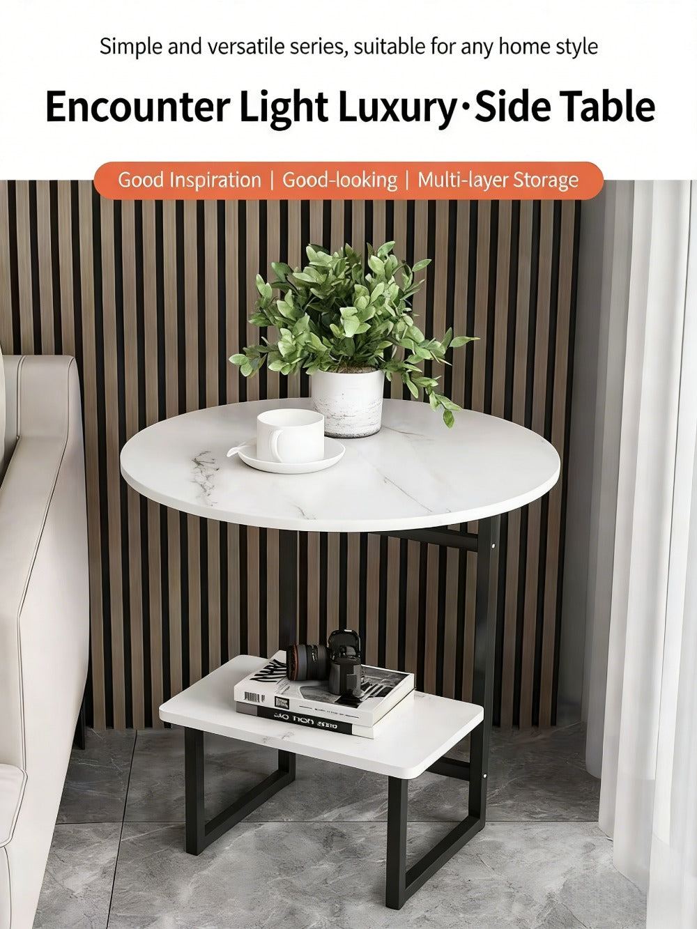 Side Table Metal Frame with One- or Two-Layer Options in Marble, Oak and Wood-Grain Finishes