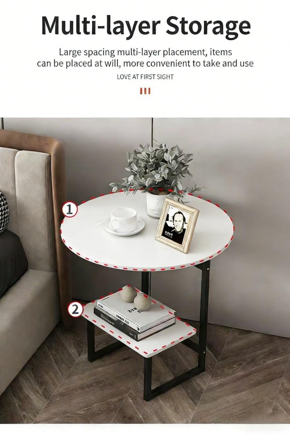 Side Table Metal Frame with One- or Two-Layer Options in Marble, Oak and Wood-Grain Finishes