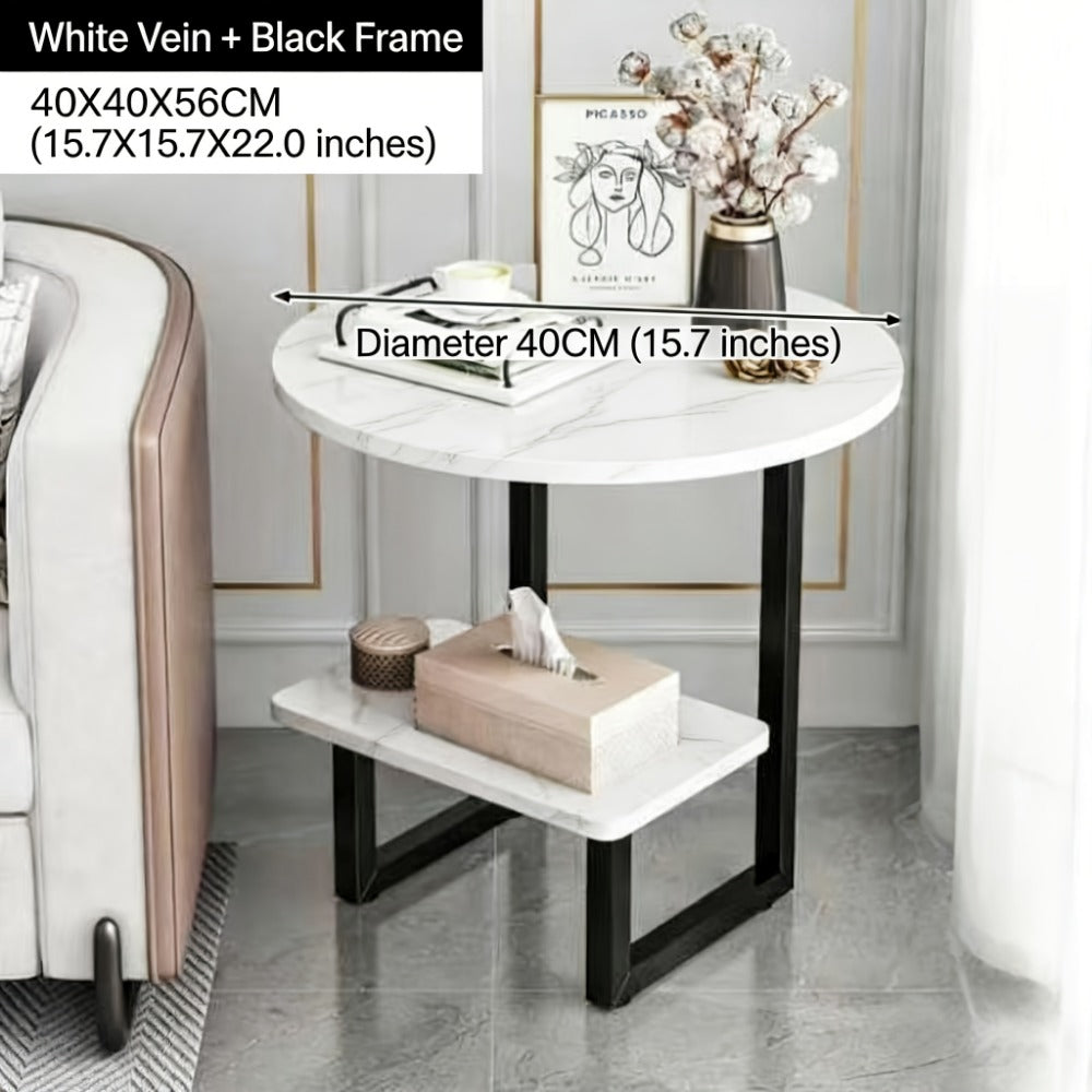 Side Table Metal Frame with One- or Two-Layer Options in Marble, Oak and Wood-Grain Finishes