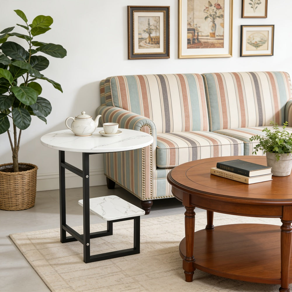 Side Table Metal Frame with One- or Two-Layer Options in Marble, Oak and Wood-Grain Finishes