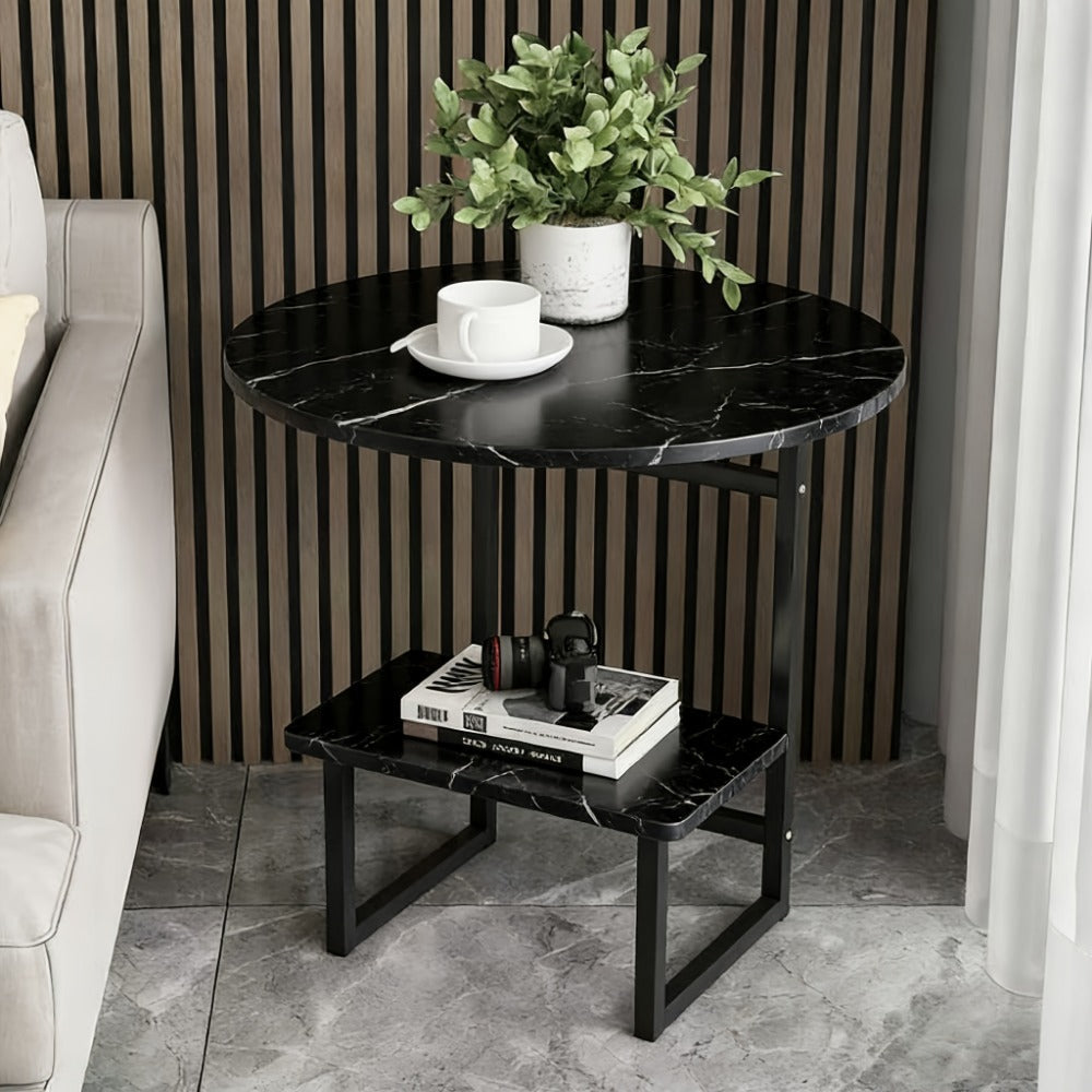 Side Table Metal Frame with One- or Two-Layer Options in Marble, Oak and Wood-Grain Finishes