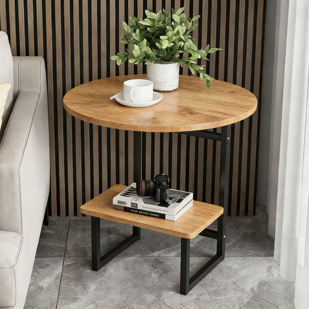 Side Table Metal Frame with One- or Two-Layer Options in Marble, Oak and Wood-Grain Finishes