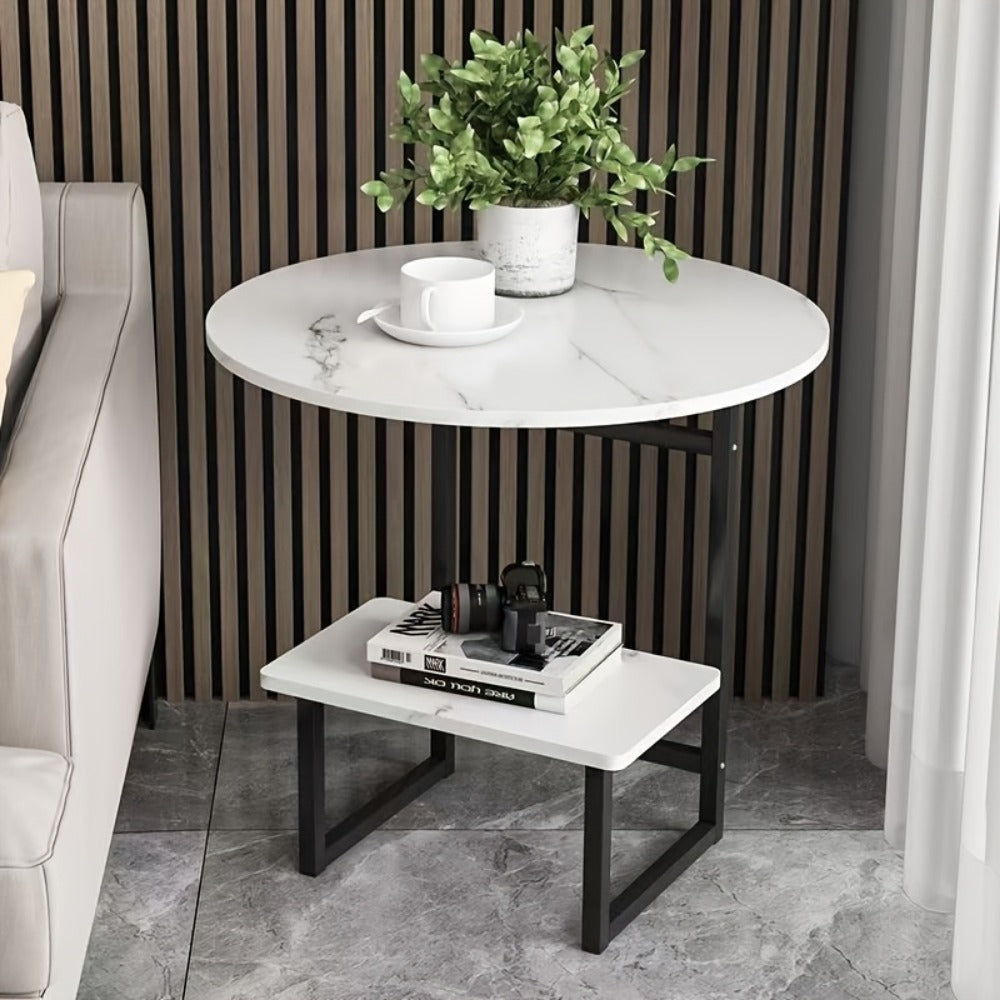 Side Table Metal Frame with One- or Two-Layer Options in Marble, Oak and Wood-Grain Finishes