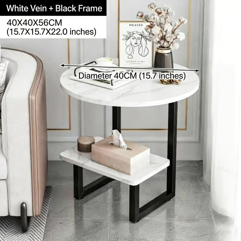 Side Table Metal Frame with One- or Two-Layer Options in Marble, Oak and Wood-Grain Finishes