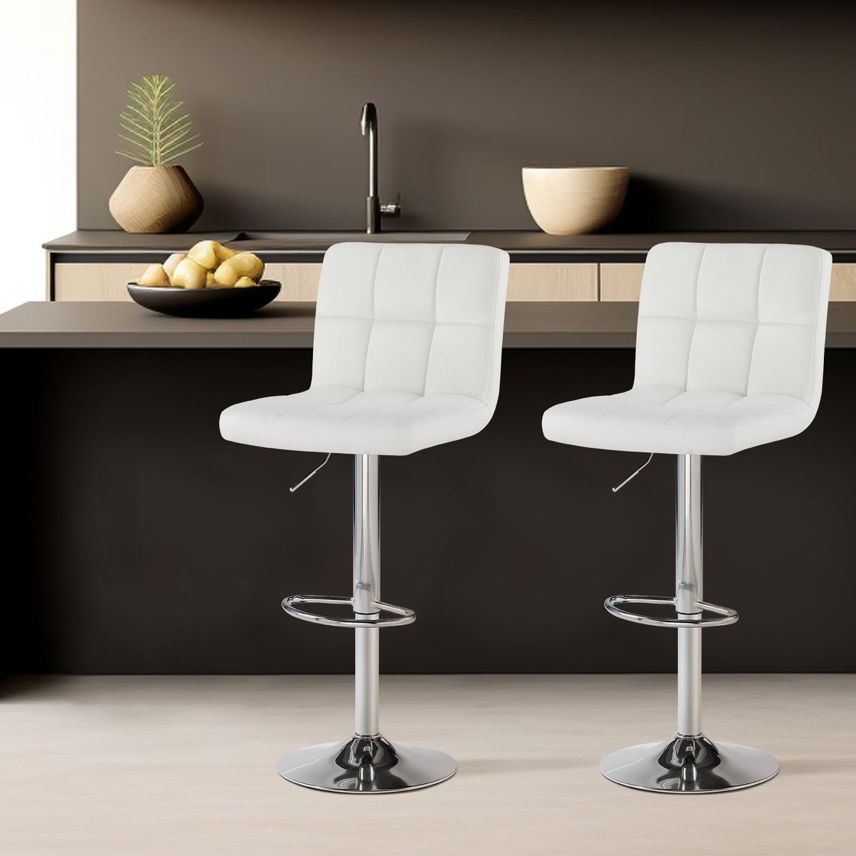 2-Piece Set Faux Leather Bar Stool with Adjustable Height and Armrests for Kitchen