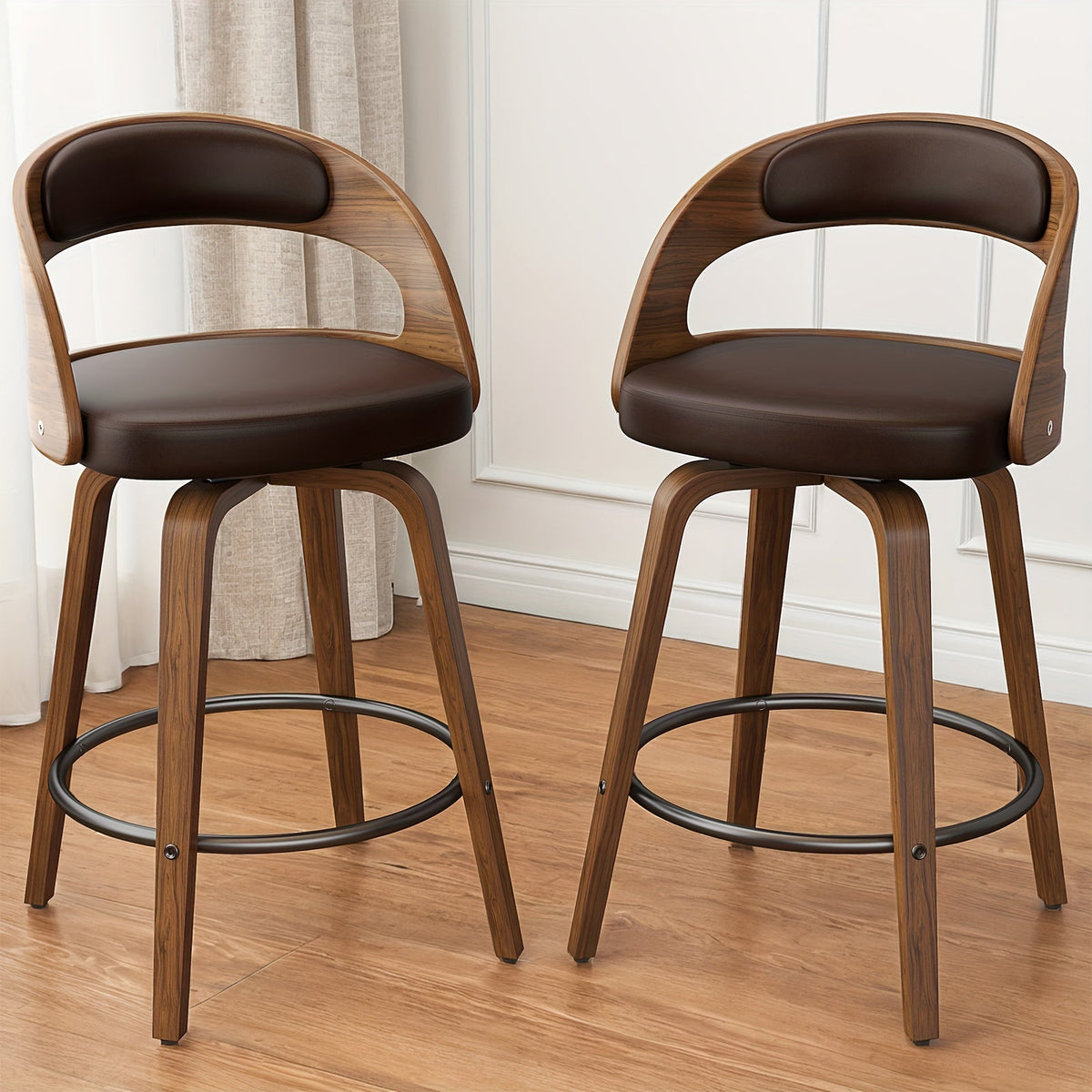 2-Piece Set Faux Leather Bar Stools with Solid Wood Construction and Adjustable Height