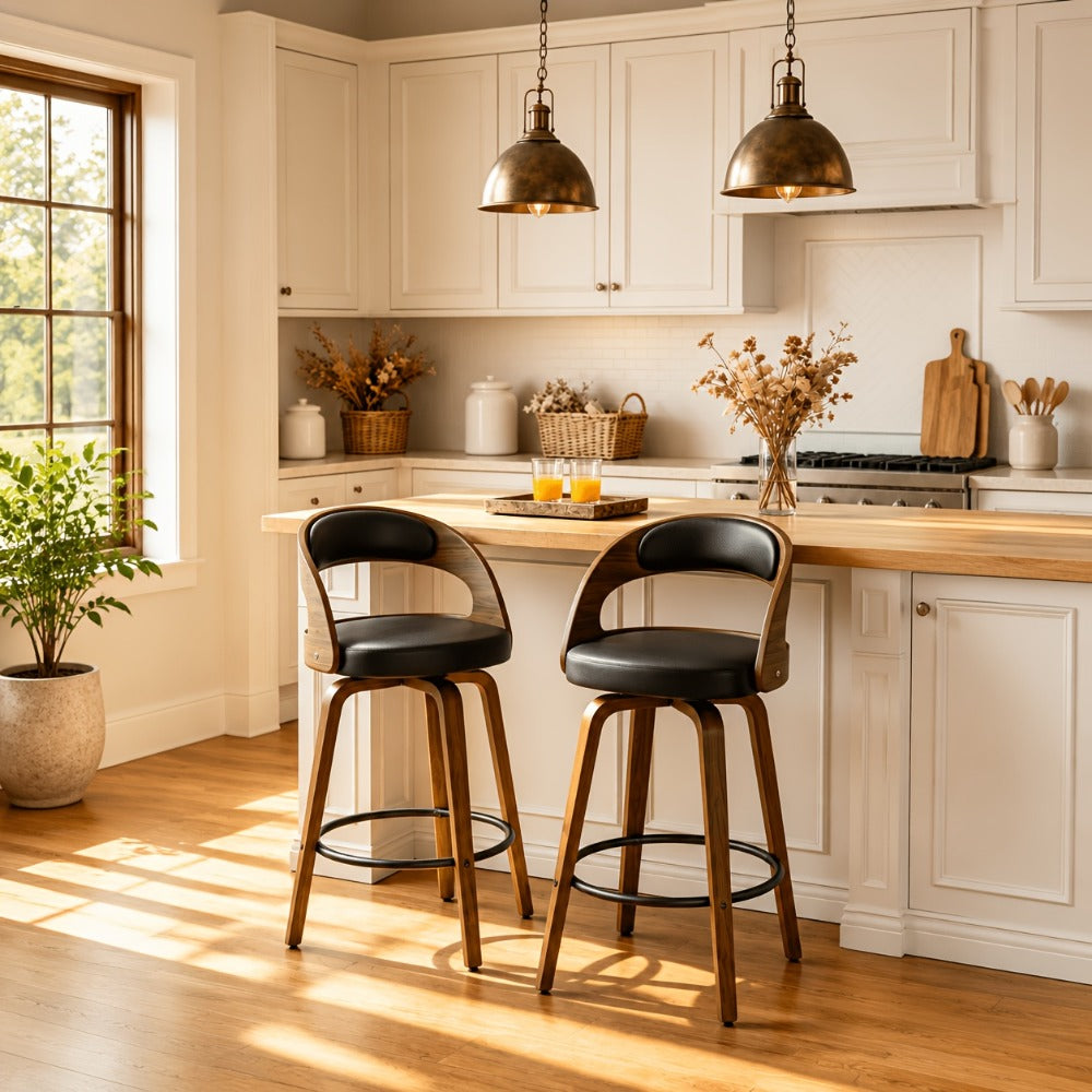 2-Piece Set Faux Leather Bar Stools with Solid Wood Construction and Adjustable Height