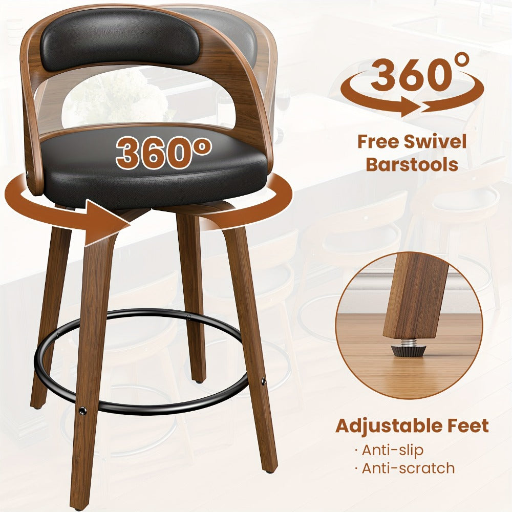 2-Piece Set Faux Leather Bar Stools with Solid Wood Construction and Adjustable Height