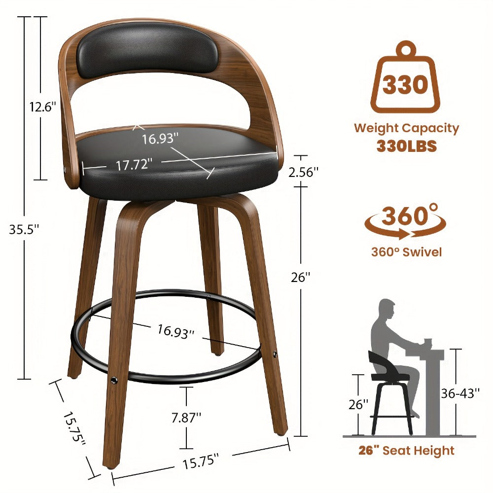 2-Piece Set Faux Leather Bar Stools with Solid Wood Construction and Adjustable Height