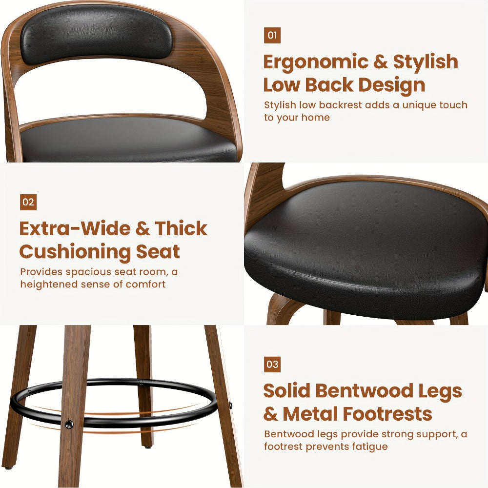 2-Piece Set Faux Leather Bar Stools with Solid Wood Construction and Adjustable Height