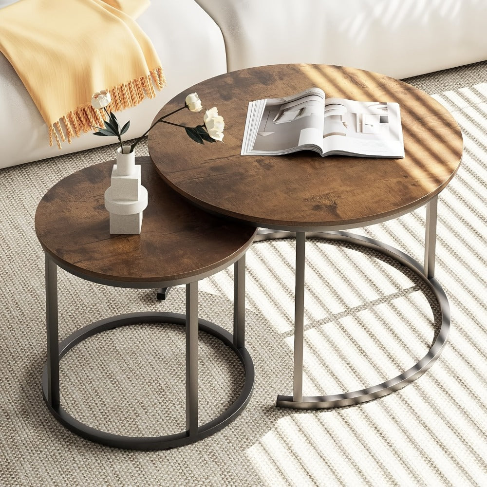 Coffee Table 2-Piece Round Nesting Set with Faux Marble Tops, Metal Frames and Eight Finish Combinations