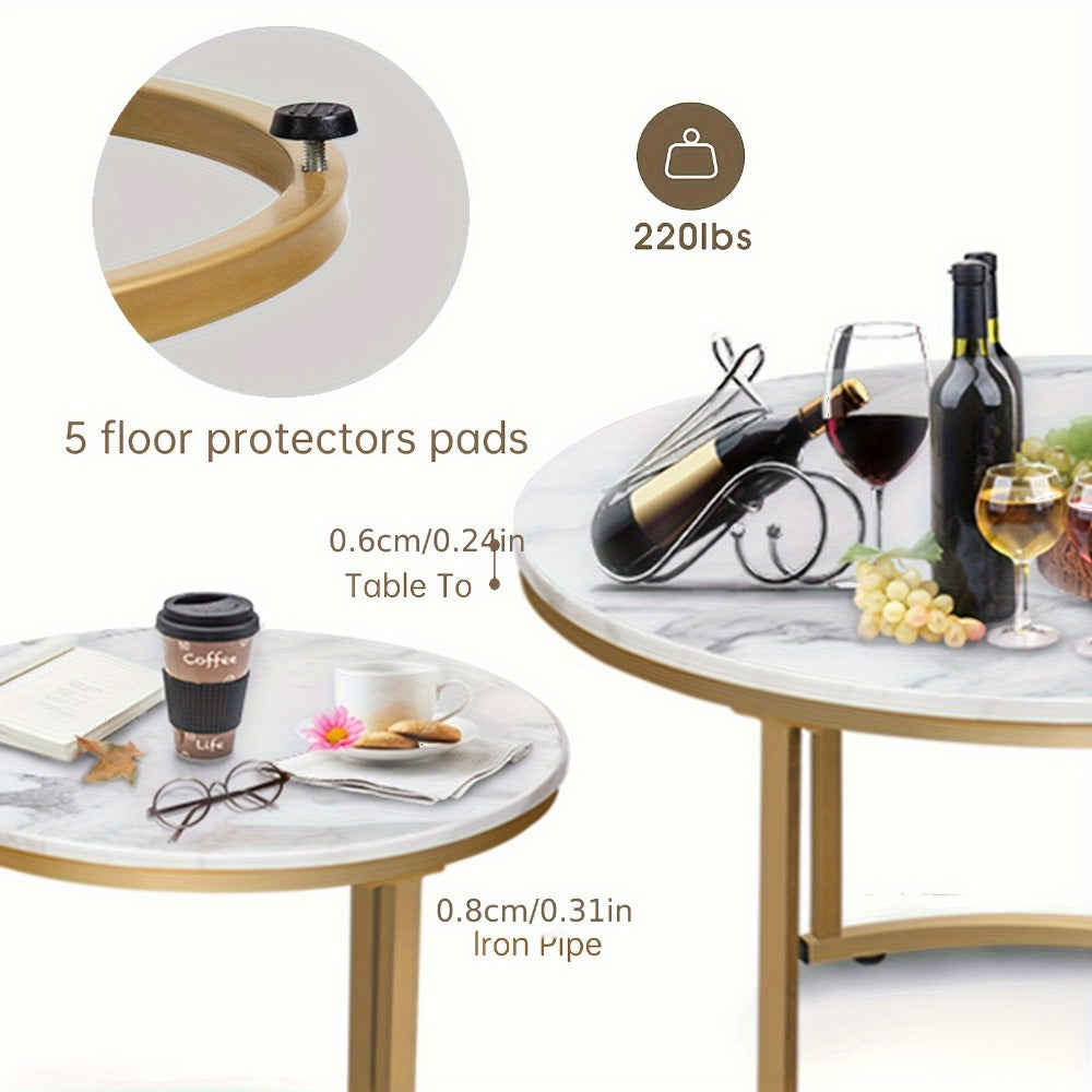 Coffee Table 2-Piece Round Nesting Set with Faux Marble Tops, Metal Frames and Eight Finish Combinations