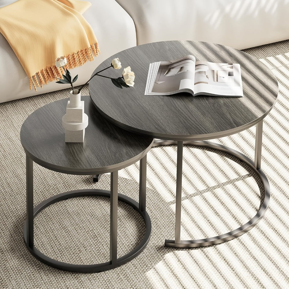Coffee Table 2-Piece Round Nesting Set with Faux Marble Tops, Metal Frames and Eight Finish Combinations