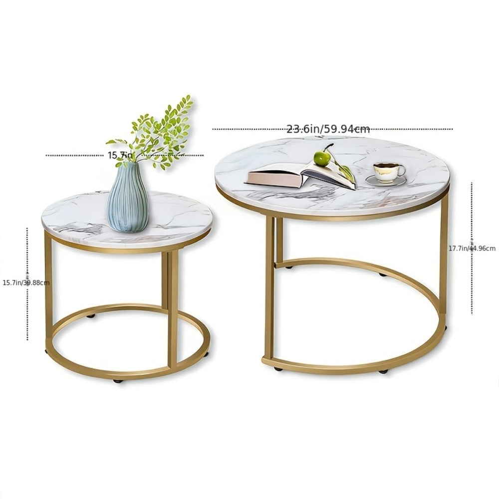 Coffee Table 2-Piece Round Nesting Set with Faux Marble Tops, Metal Frames and Eight Finish Combinations