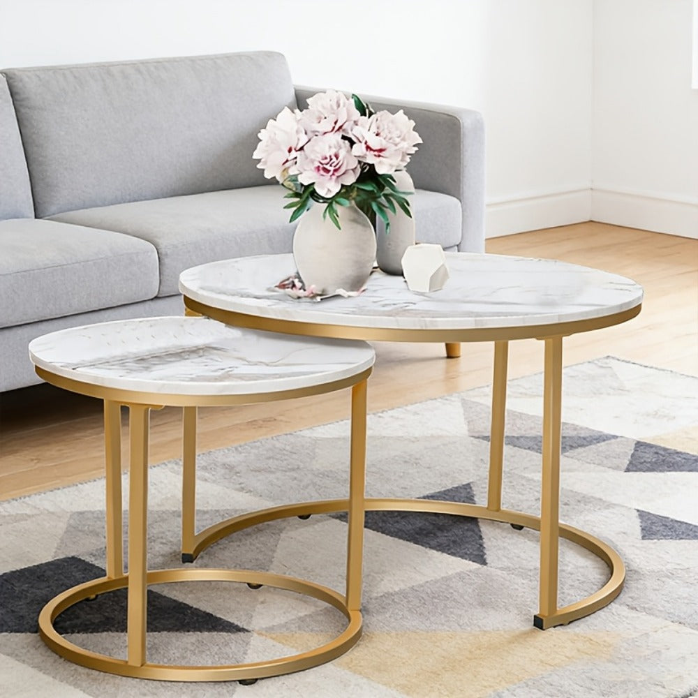 Coffee Table 2-Piece Round Nesting Set with Faux Marble Tops, Metal Frames and Eight Finish Combinations