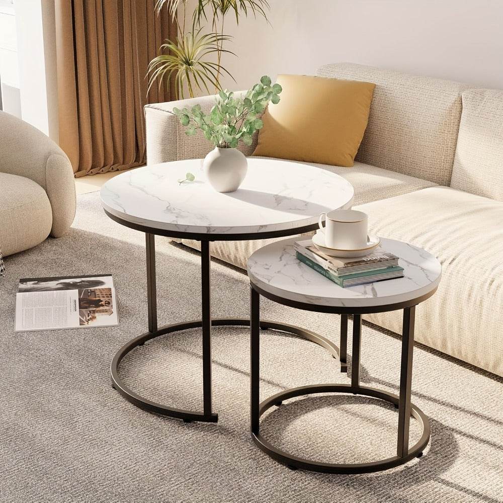 Coffee Table 2-Piece Round Nesting Set with Faux Marble Tops, Metal Frames and Eight Finish Combinations