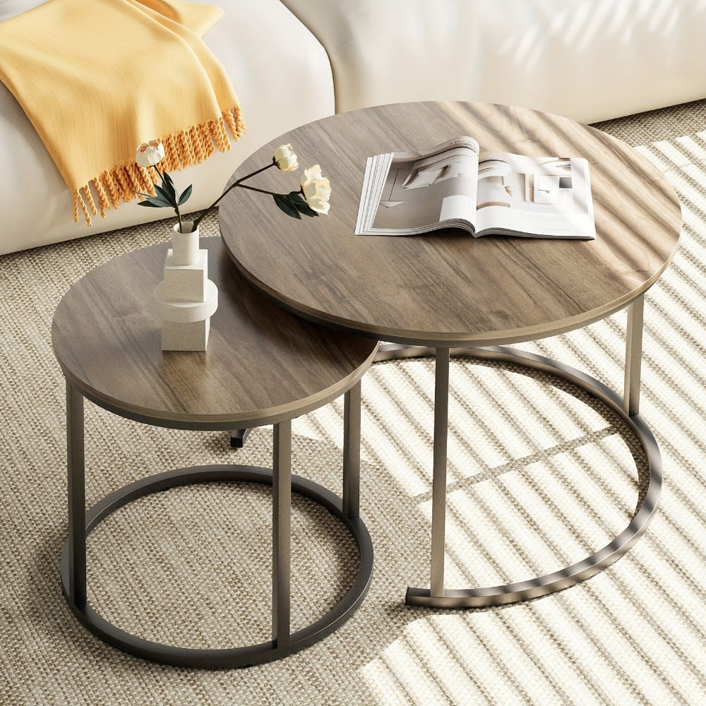Coffee Table 2-Piece Round Nesting Set with Faux Marble Tops, Metal Frames and Eight Finish Combinations