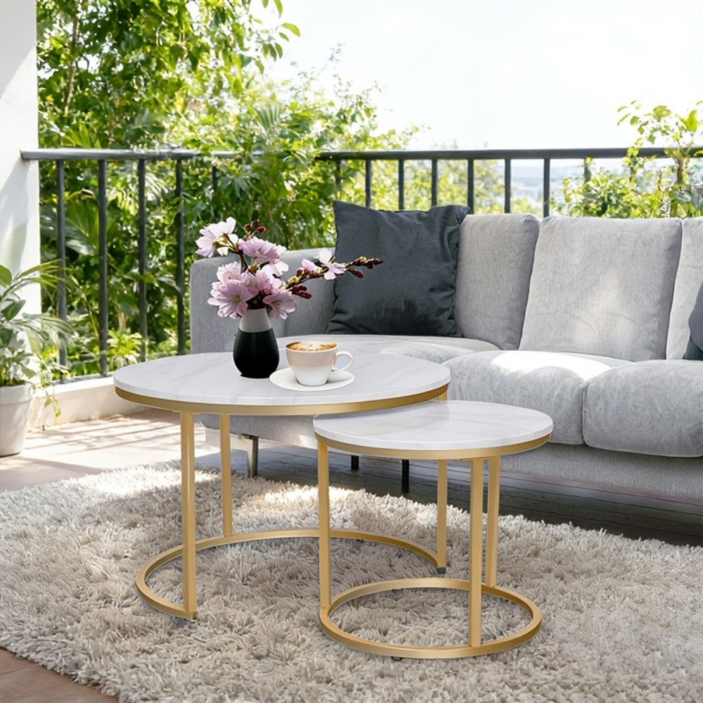 Coffee Table 2-Piece Round Nesting Set with Faux Marble Tops, Metal Frames and Eight Finish Combinations