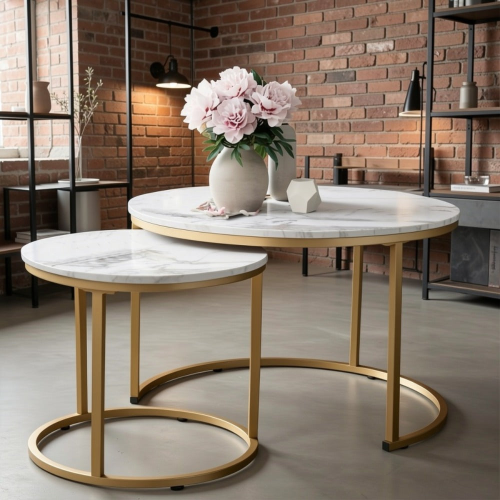 Coffee Table 2-Piece Round Nesting Set with Faux Marble Tops, Metal Frames and Eight Finish Combinations