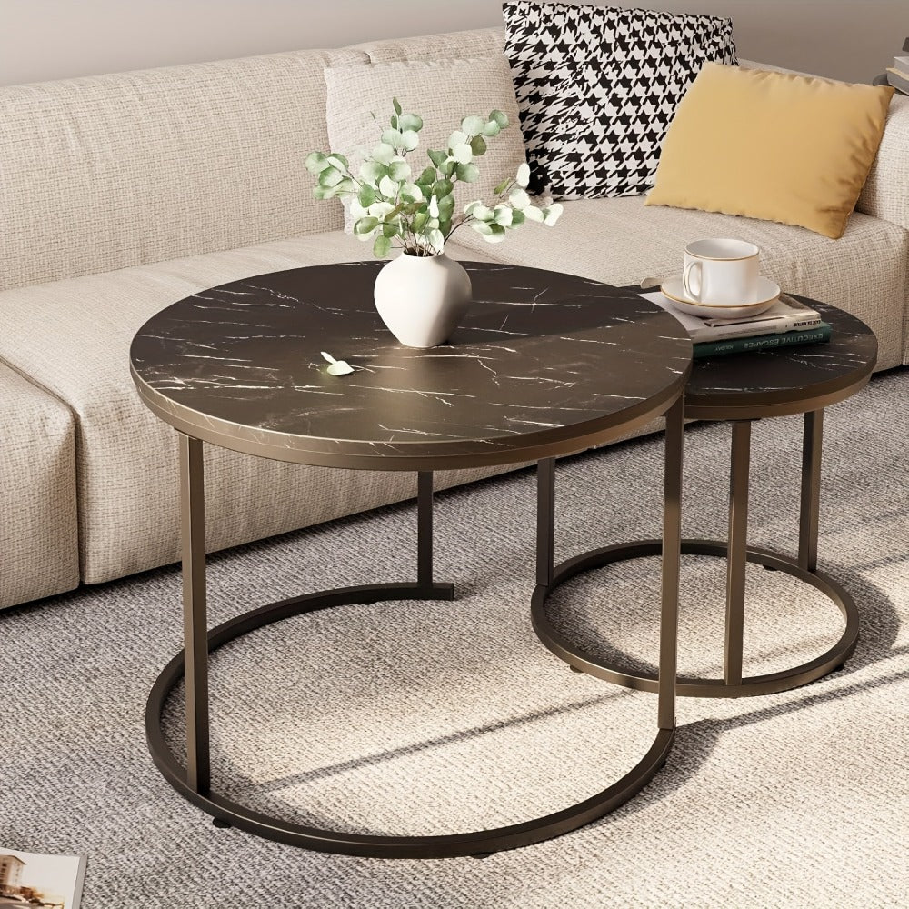 Coffee Table 2-Piece Round Nesting Set with Faux Marble Tops, Metal Frames and Eight Finish Combinations