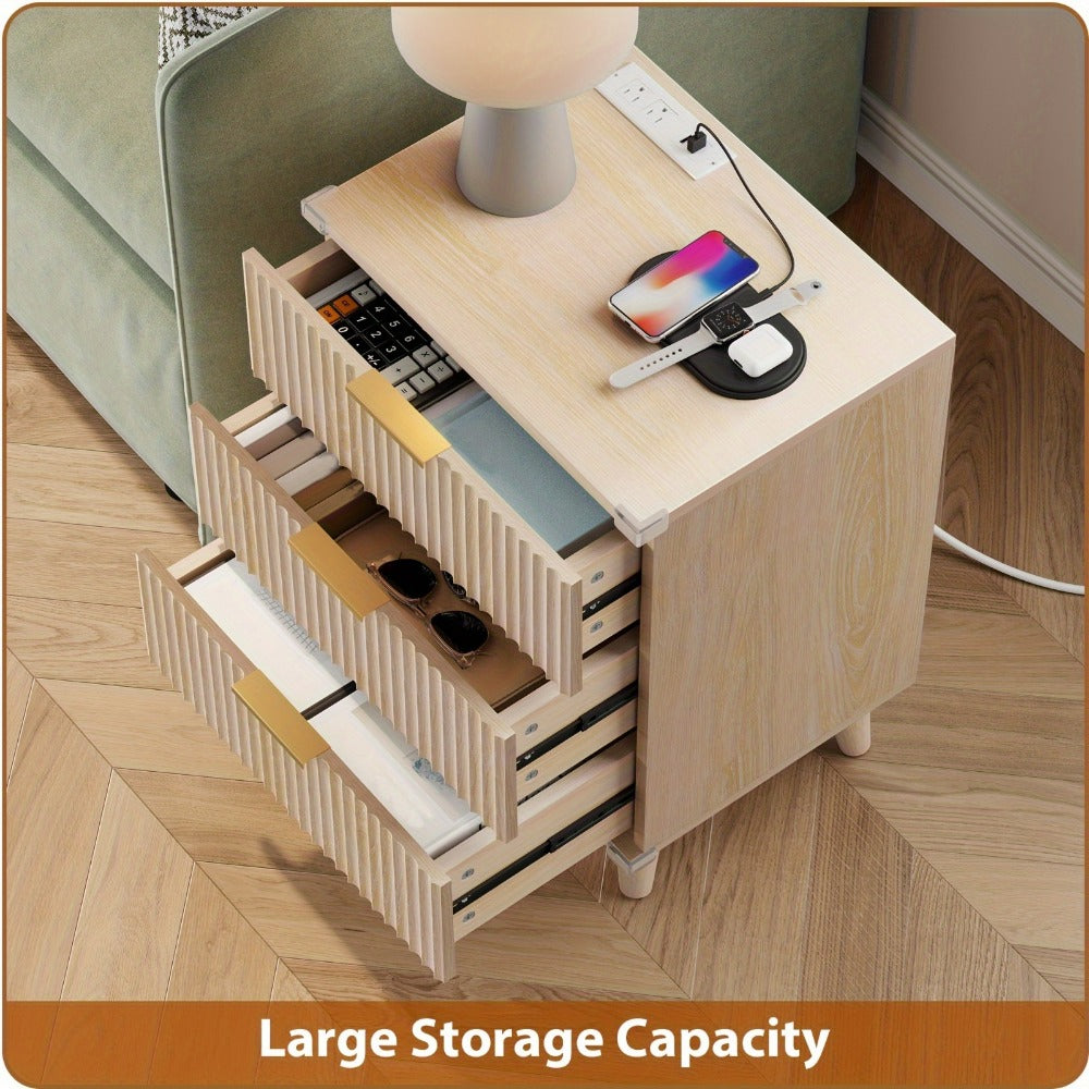 Nightstand Fluted Three-Drawer Bedside Table with Charging Station and Single or Two-Piece Options