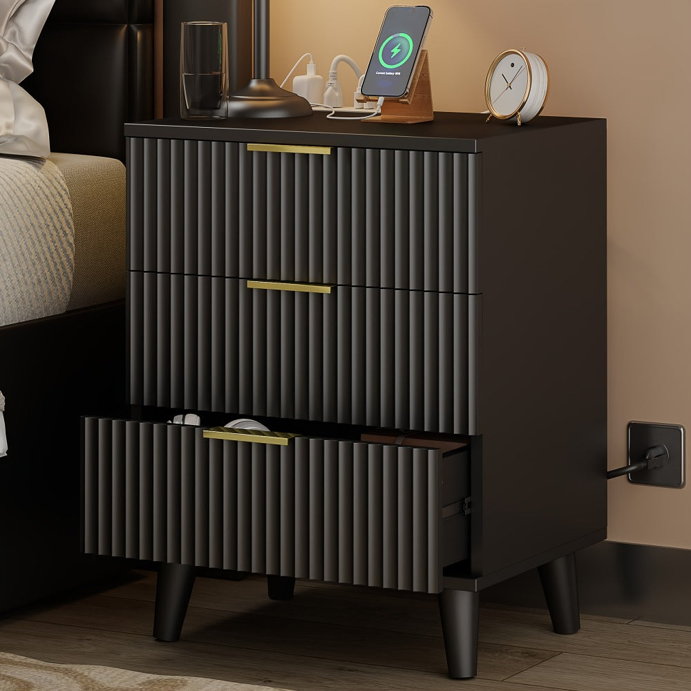 Nightstand Fluted Three-Drawer Bedside Table with Charging Station and Single or Two-Piece Options