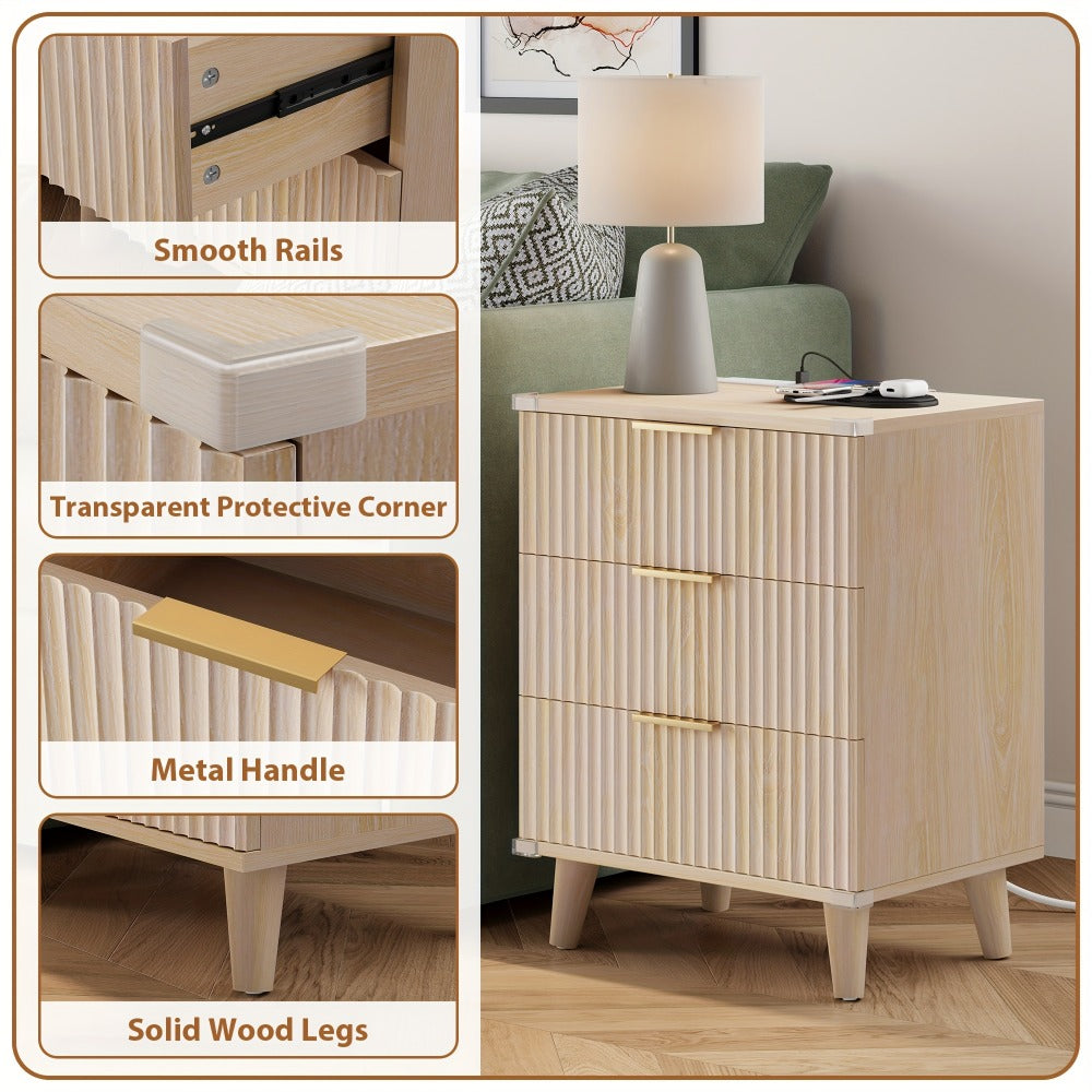 Nightstand Fluted Three-Drawer Bedside Table with Charging Station and Single or Two-Piece Options