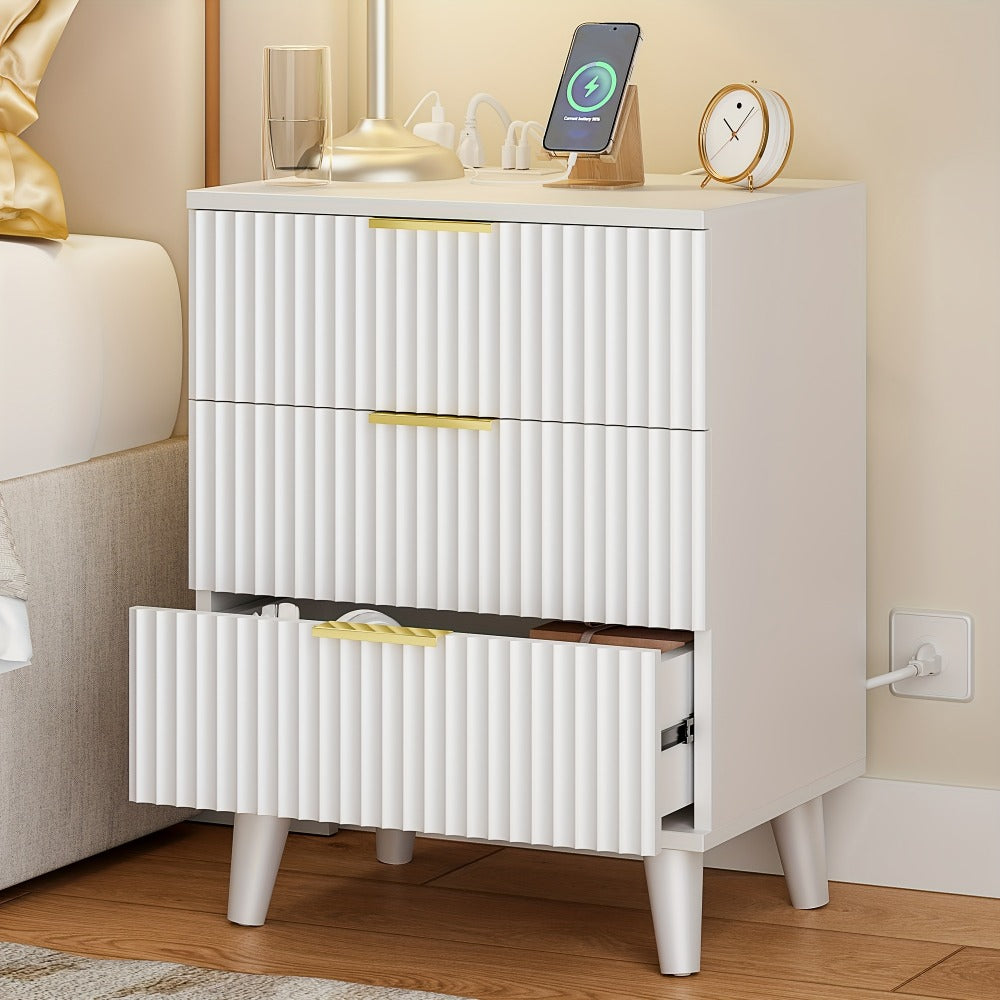 Nightstand Fluted Three-Drawer Bedside Table with Charging Station and Single or Two-Piece Options