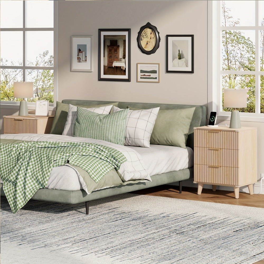 Nightstand Fluted Three-Drawer Bedside Table with Charging Station and Single or Two-Piece Options