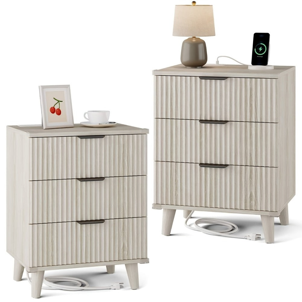 Nightstand Fluted Three-Drawer Bedside Table with Charging Station and Single or Two-Piece Options