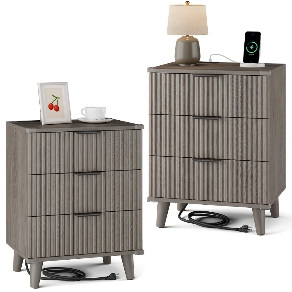 Nightstand Fluted Three-Drawer Bedside Table with Charging Station and Single or Two-Piece Options
