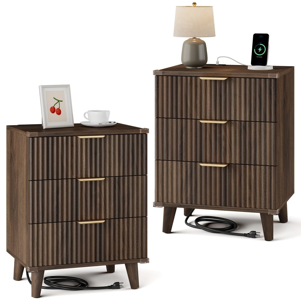 Nightstand Fluted Three-Drawer Bedside Table with Charging Station and Single or Two-Piece Options