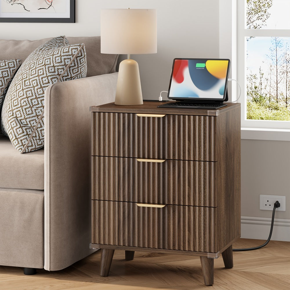 Nightstand Fluted Three-Drawer Bedside Table with Charging Station and Single or Two-Piece Options