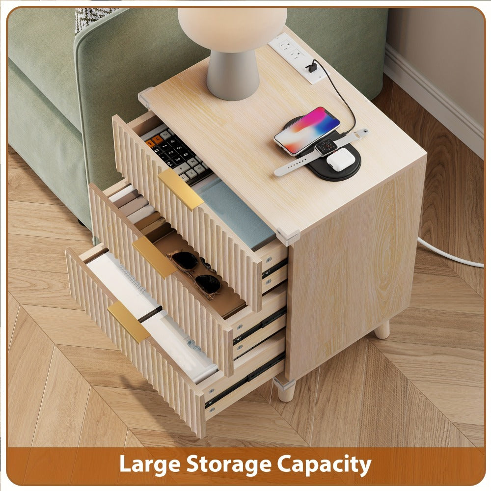 Nightstand Fluted Three-Drawer Bedside Table with Charging Station and Single or Two-Piece Options