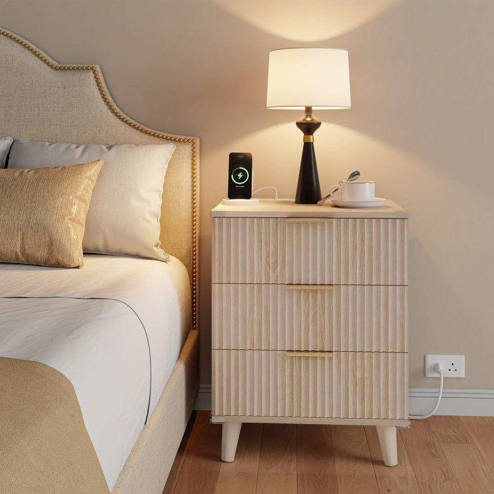 Nightstand Fluted Three-Drawer Bedside Table with Charging Station and Single or Two-Piece Options