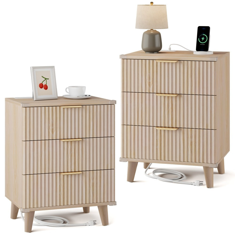 Nightstand Fluted Three-Drawer Bedside Table with Charging Station and Single or Two-Piece Options