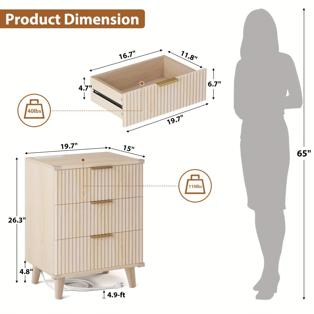 Nightstand Fluted Three-Drawer Bedside Table with Charging Station and Single or Two-Piece Options
