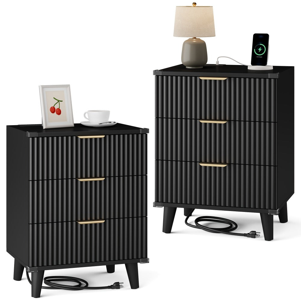 Nightstand Fluted Three-Drawer Bedside Table with Charging Station and Single or Two-Piece Options