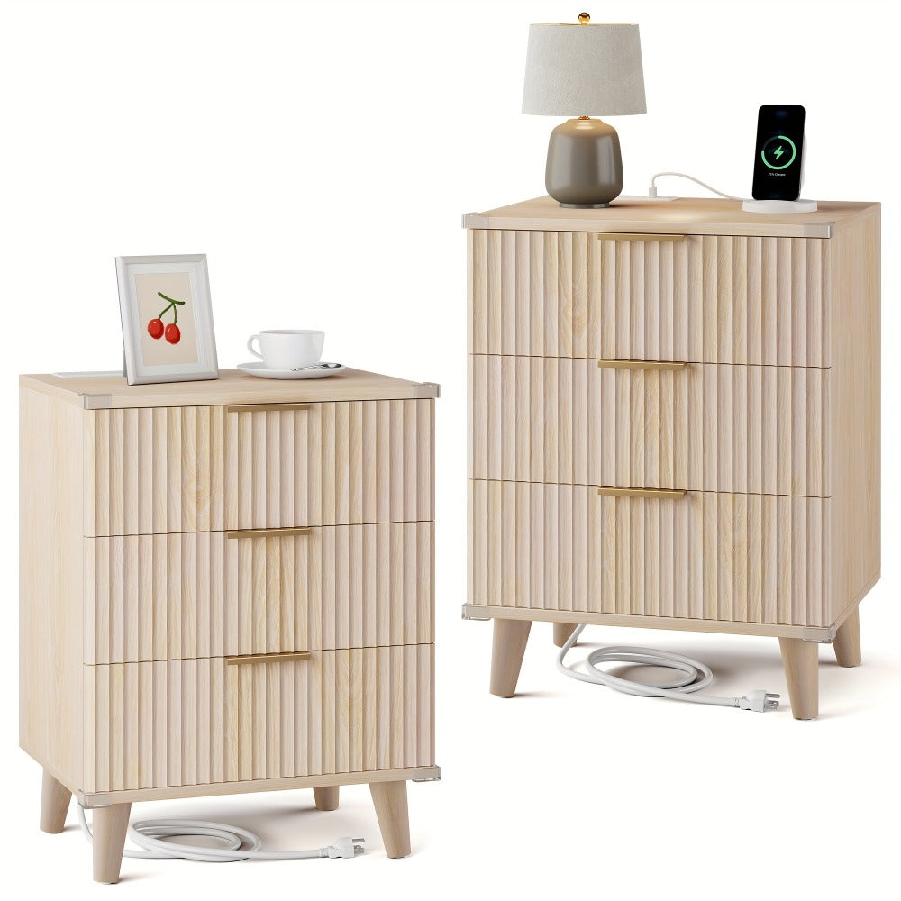 Nightstand Fluted Three-Drawer Bedside Table with Charging Station and Single or Two-Piece Options