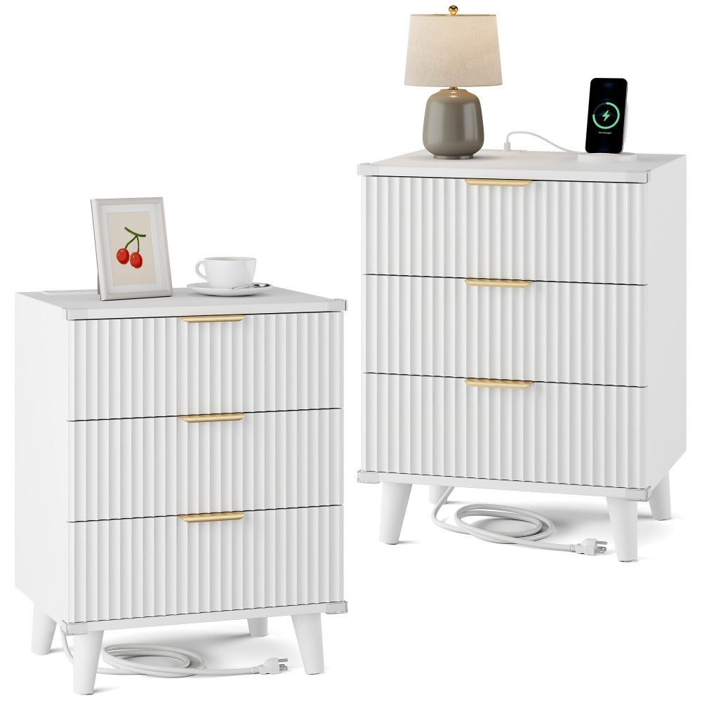 Nightstand Fluted Three-Drawer Bedside Table with Charging Station and Single or Two-Piece Options