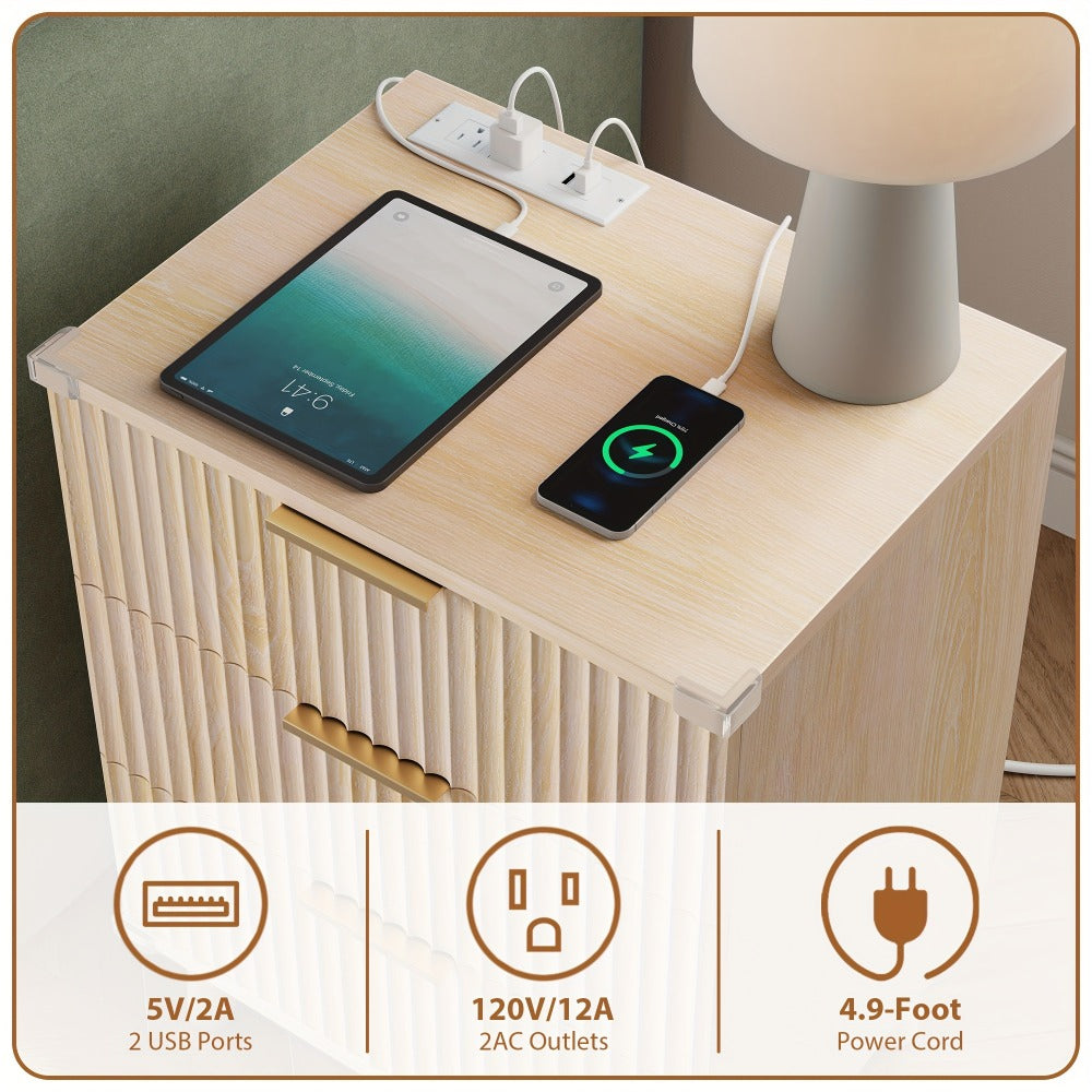 Nightstand Fluted Three-Drawer Bedside Table with Charging Station and Single or Two-Piece Options