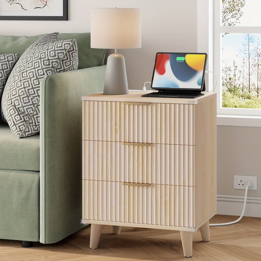 Nightstand Fluted Three-Drawer Bedside Table with Charging Station and Single or Two-Piece Options